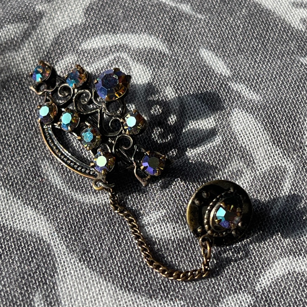 Vintage AB crystal gold tone brooch crown shape